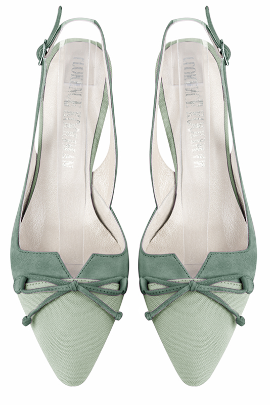 Mint green women's open back shoes, with a knot. Tapered toe. High slim heel. Top view - Florence KOOIJMAN